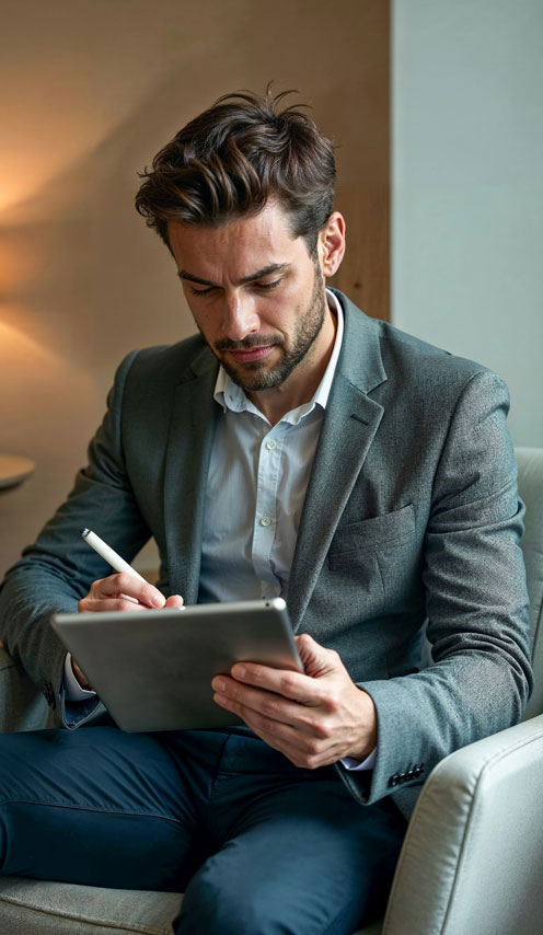 Person using a tablet with digital data on the screen